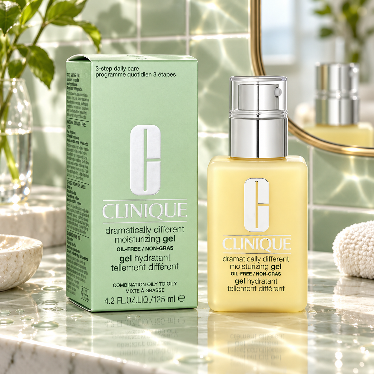 Clinique Dramatically Different Moisturizing Gel 125 ml en tocador verde