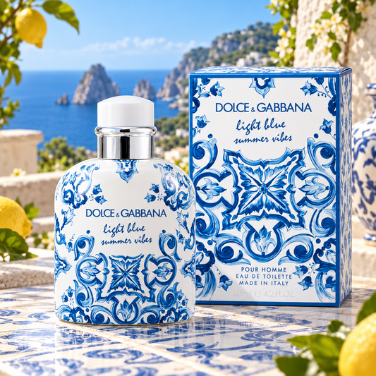 Perfume Dolce & Gabbana Light Blue Summer Vibes 125 ml en terraza mediterránea