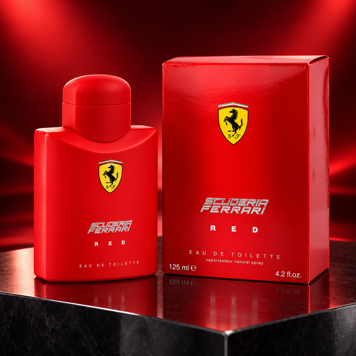 Ferrari Scuderia Red en escena de estudio roja y negra