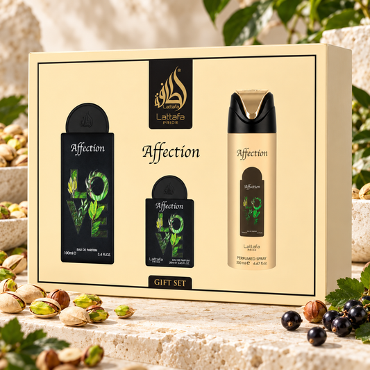Estuche Lattafa Pride Affection con pistachos, avellanas y grosellas negras