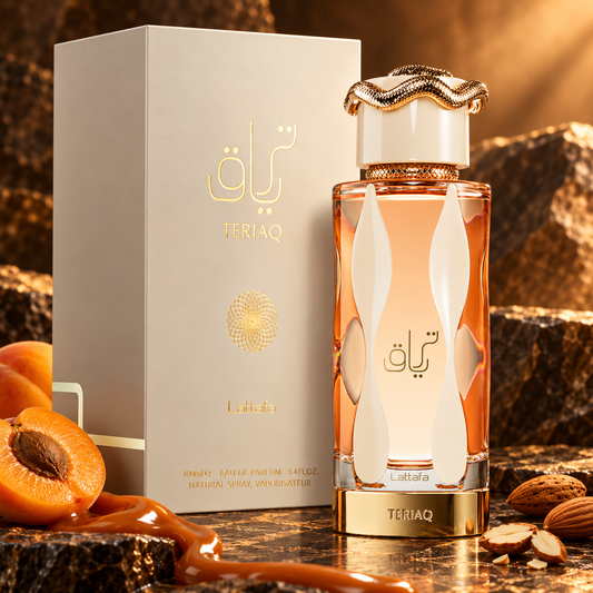 Perfume Lattafa Teriaq 100 ml con albaricoque, caramelo y almendra amarga