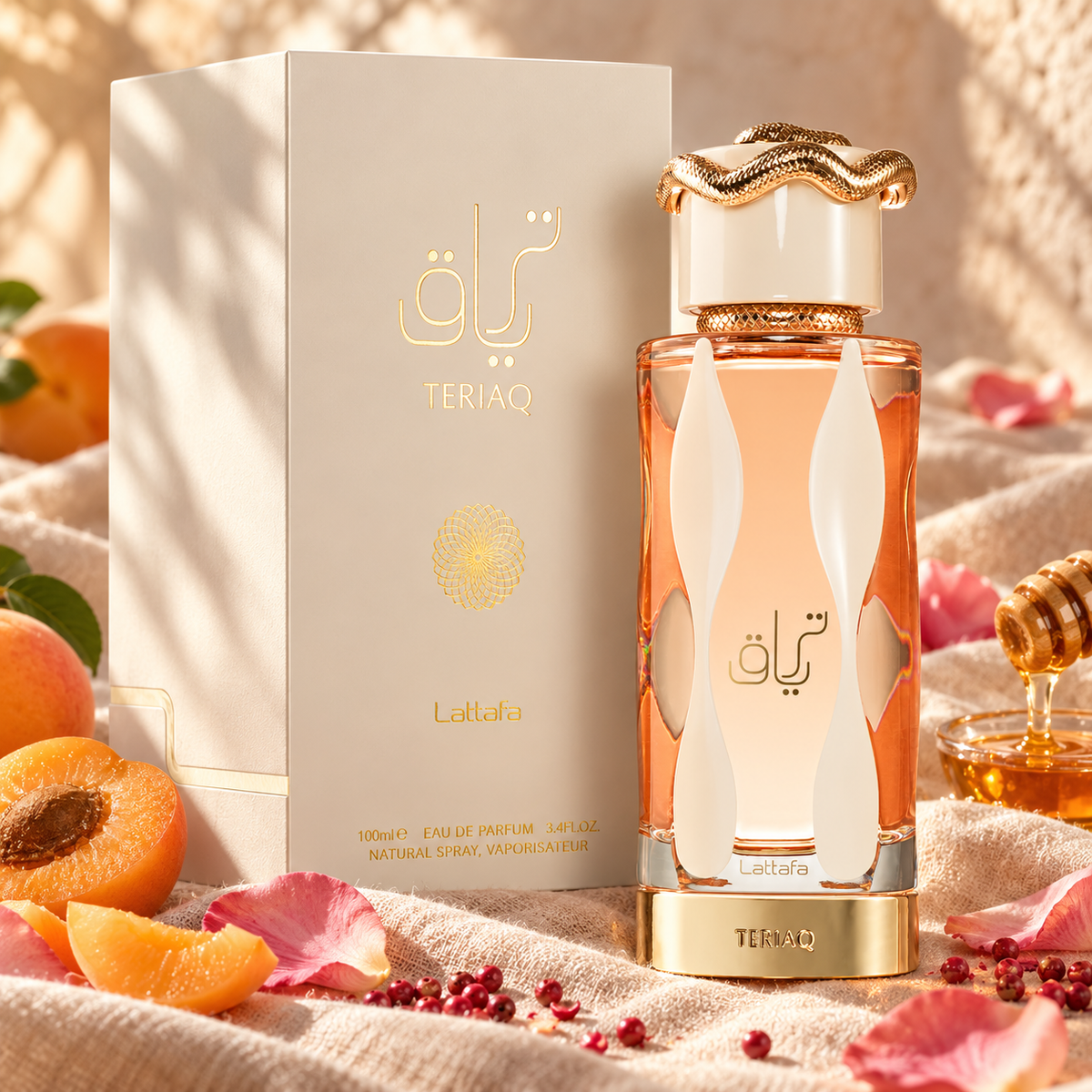 Perfume unisex Teriaq de Lattafa 100 ml con albaricoque, rosa y miel