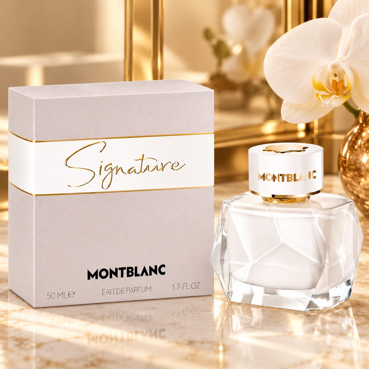 Montblanc Signature para mujer 50 ml sobre tocador de mármol con orquídea