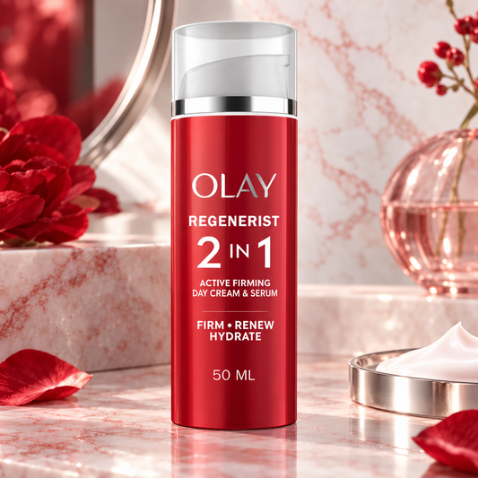 Olay Regenerist 2 en 1 junto a crema facial en una escena de cuidado