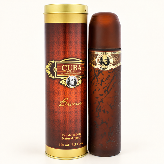 Cuba Brown 100 ml, frasco y estuche cilíndrico vistos de frente