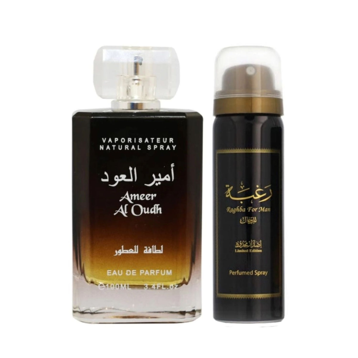 Frasco Lattafa Ameer Al Oudh Eau de Parfum de 100 ml junto a un spray perfumado negro.