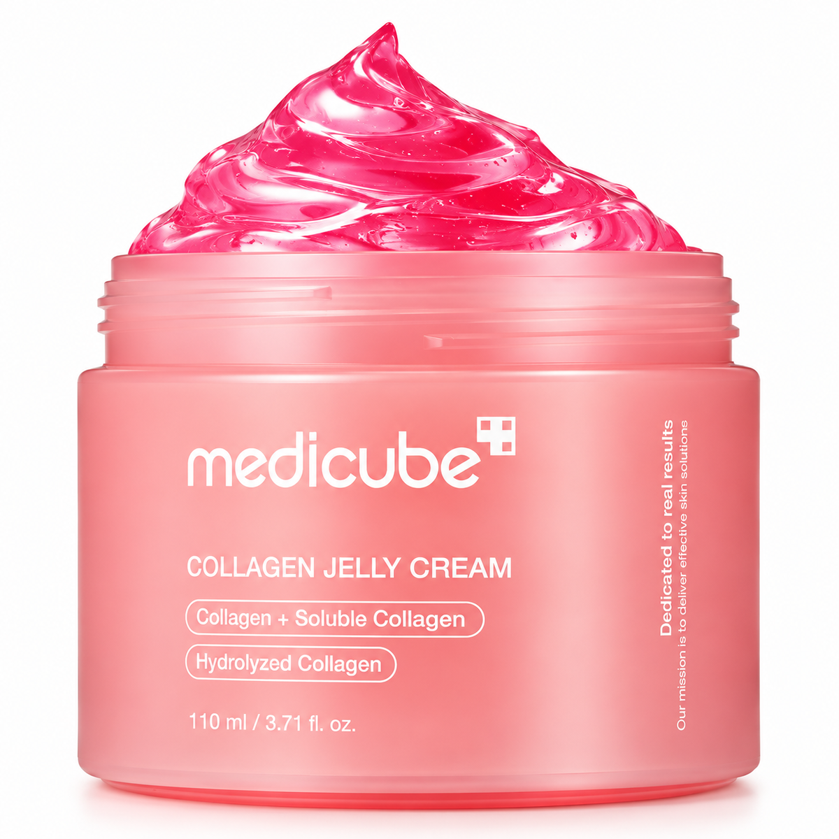 Tarro abierto de Medicube Collagen Jelly Cream con textura jelly rosa, 110 ml