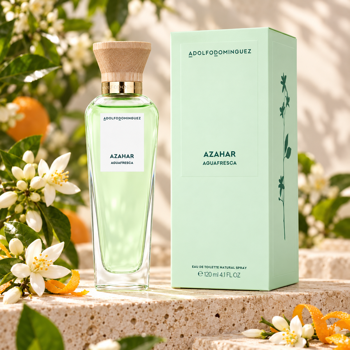 Perfume Azahar Agua Fresca de Adolfo Domínguez 120 ml con flores blancas de azahar y cítricos