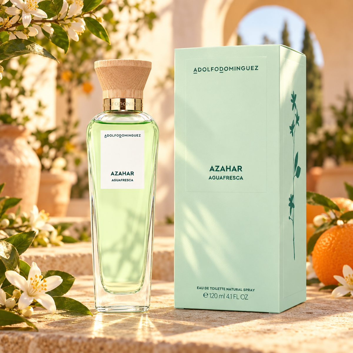 Adolfo Domínguez Agua Fresca de Azahar 120 ml en patio mediterráneo al atardecer
