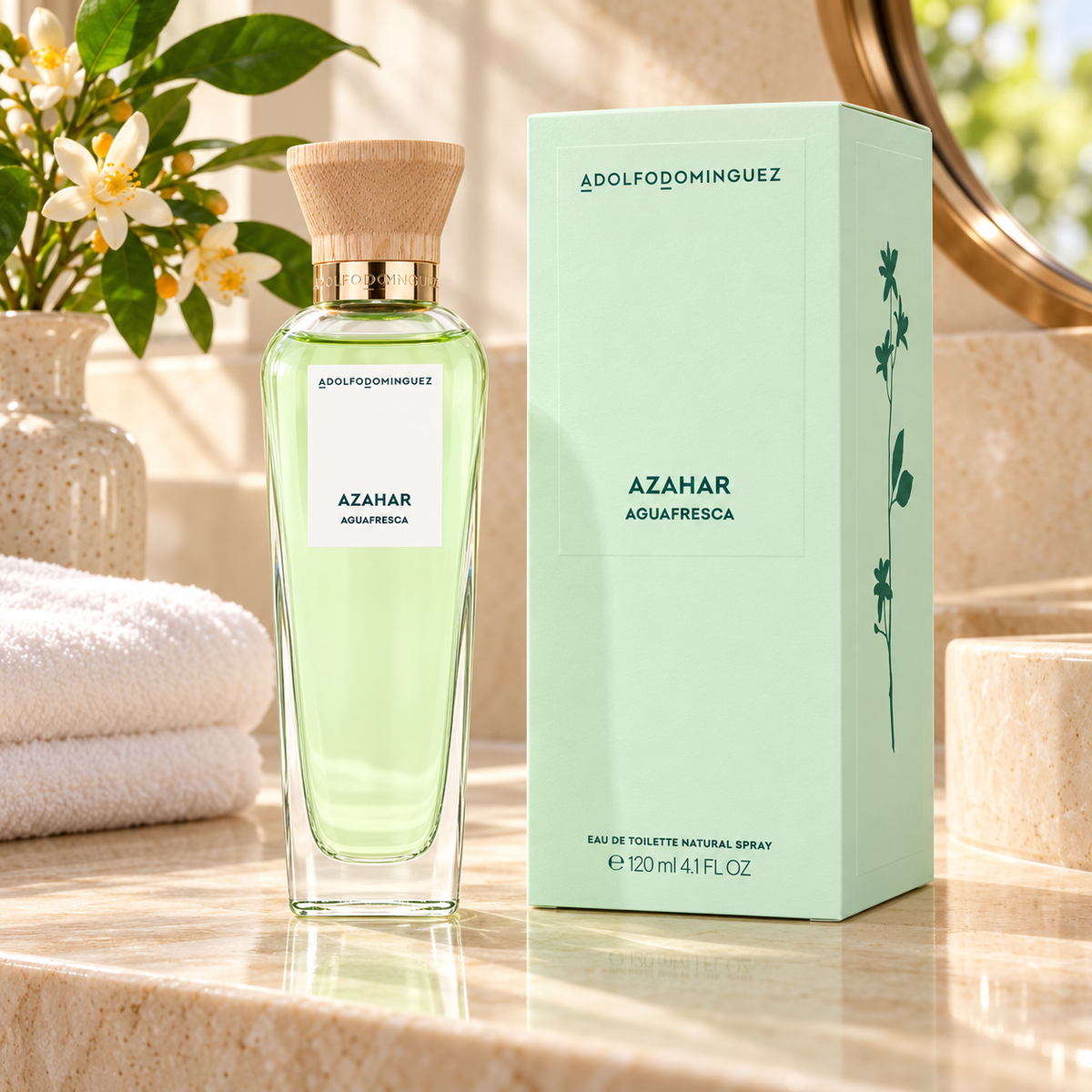 Perfume de mujer Azahar Agua Fresca 120 ml en tocador junto a flores de azahar