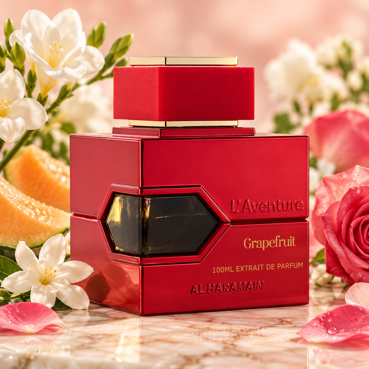 Al Haramain L'Aventure Grapefruit con flores blancas y rosas