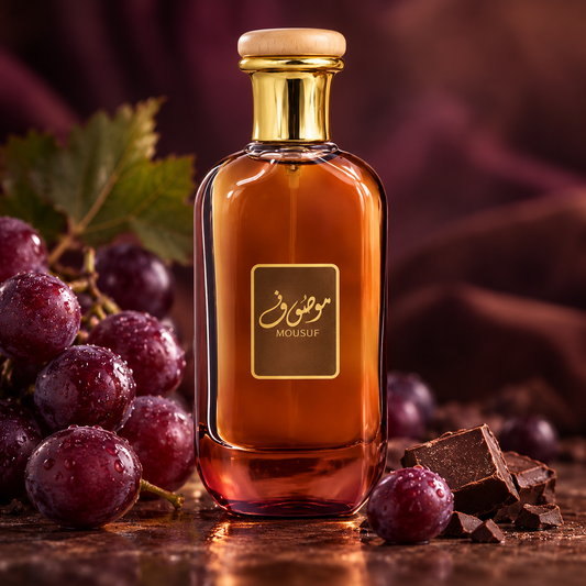 Frasco Mousuf con uvas y chocolate en escena gourmand