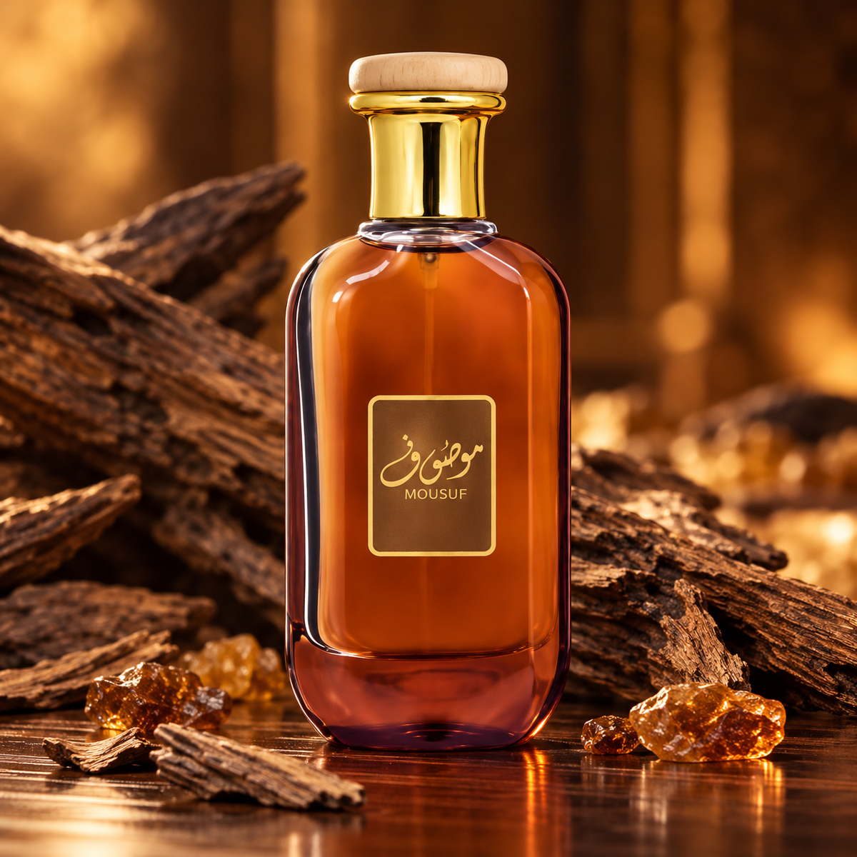 Ard Al Zaafaran Mousuf sobre madera de oud con luz ámbar