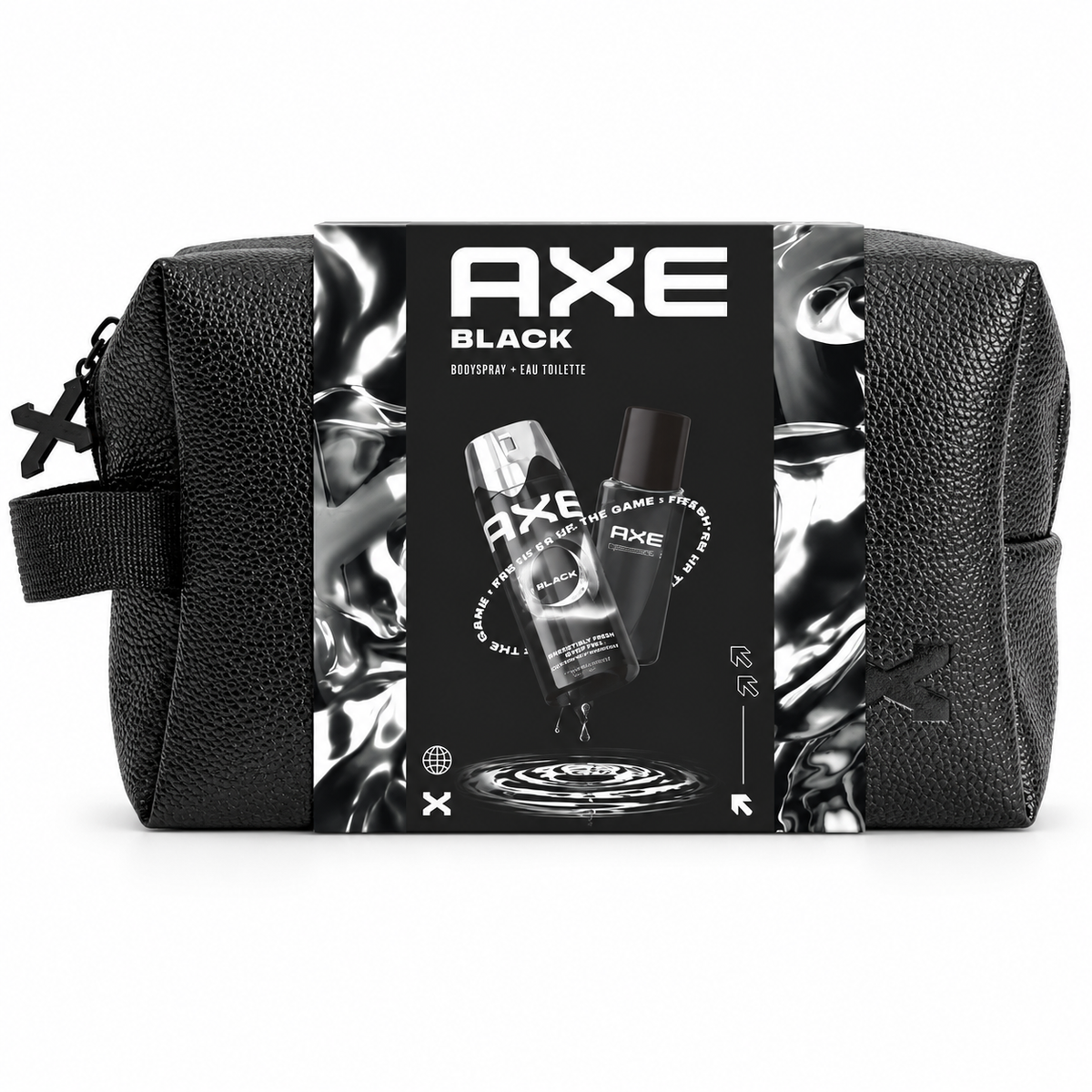 Estuche AXE Black para hombre con Eau de Toilette 100 ml, desodorante spray 150 ml y neceser negro sobre fondo blanco