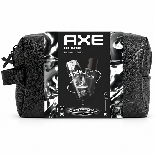Estuche AXE Black para hombre con Eau de Toilette 100 ml, desodorante spray 150 ml y neceser negro sobre fondo blanco