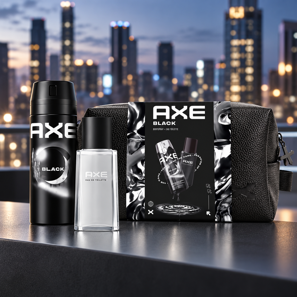 Set AXE Black con Eau de Toilette y desodorante en ambiente urbano al atardecer