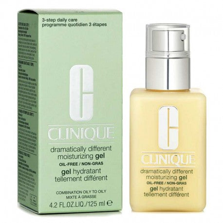 Clinique Dramatically Different Moisturizing Gel 125 ml con dosificador y caja sobre fondo blanco