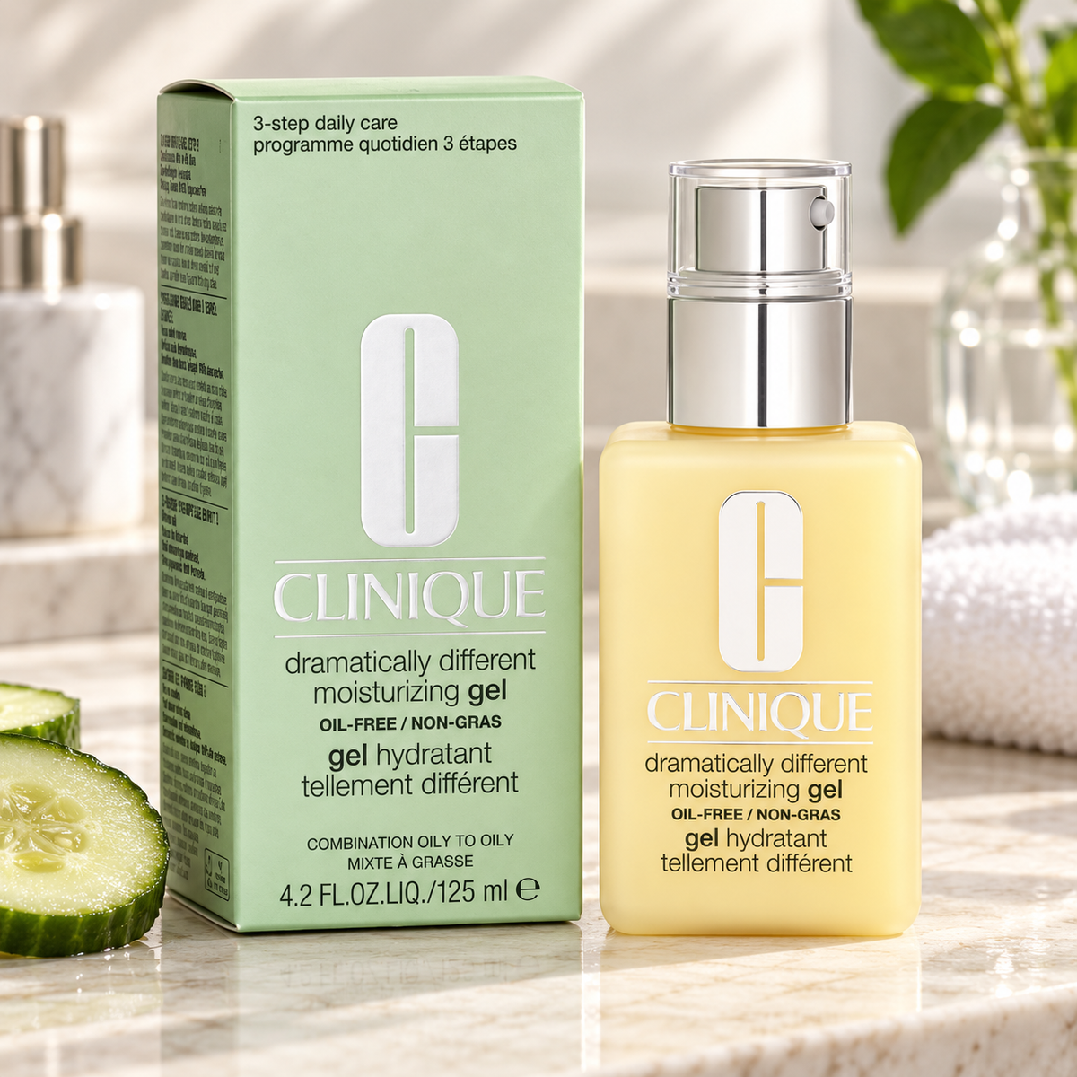 Gel hidratante Clinique Dramatically Different 125 ml para piel mixta a grasa en tocador con pepino