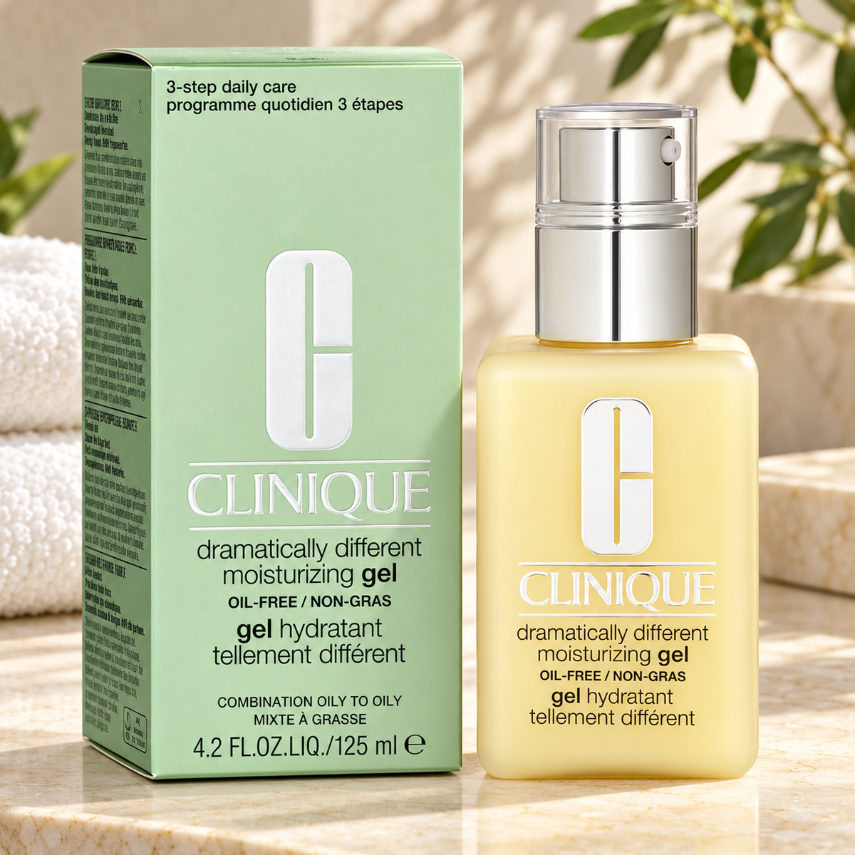 Clinique Dramatically Different Gel 125 ml en rutina facial sobre piedra clara