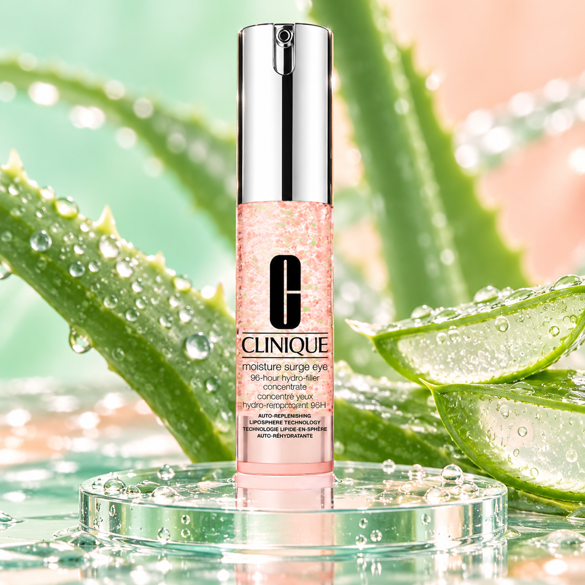 Clinique Moisture Surge Eye 96h con fondo de aloe y gotas de agua