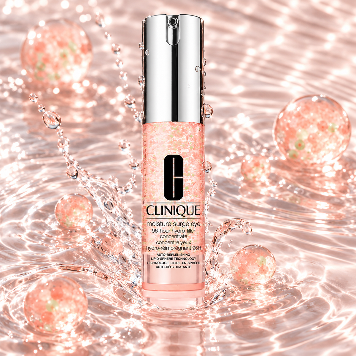 Frasco Clinique Moisture Surge Eye 15 ml con agua y esferas hidratantes