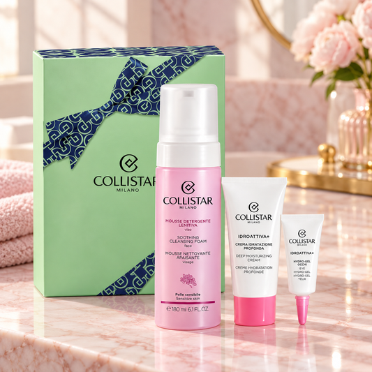 Set Collistar de limpieza e hidratación facial en tocador rosa