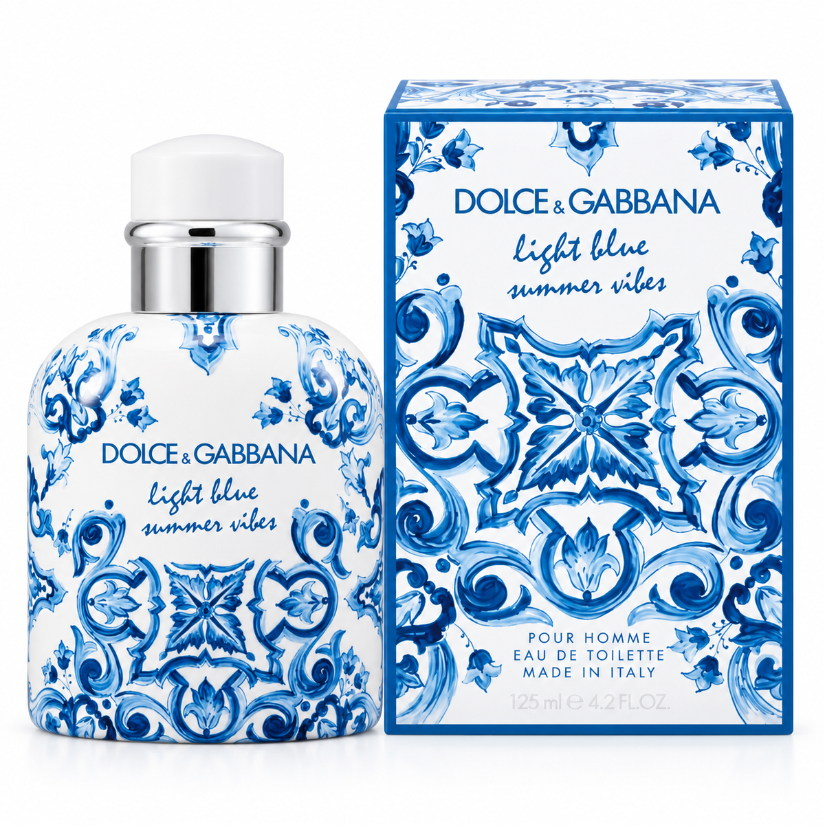 Dolce & Gabbana Light Blue Summer Vibes para hombre 125 ml con caja sobre fondo blanco