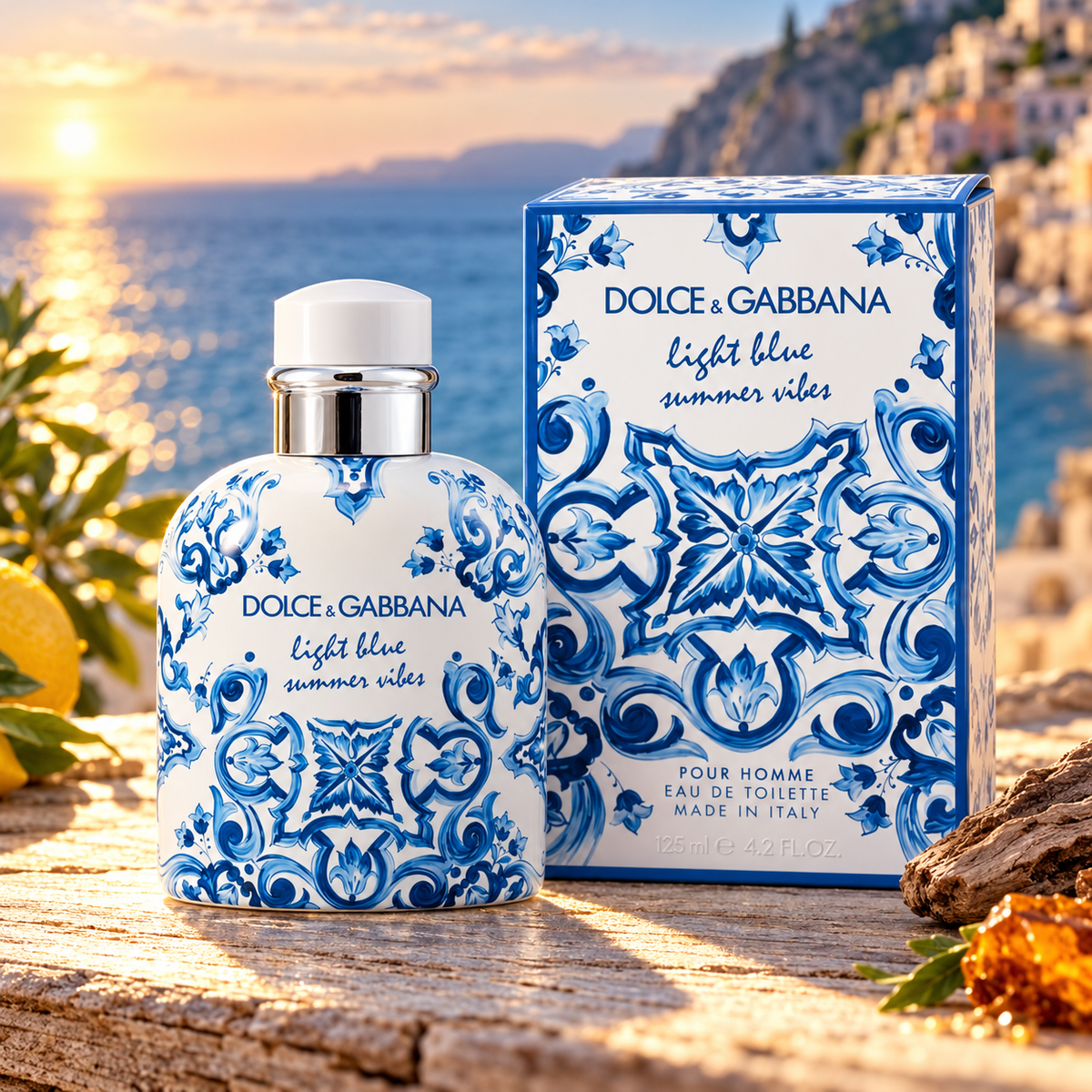 Dolce & Gabbana Light Blue Summer Vibes 125 ml con fondo de madera y atardecer