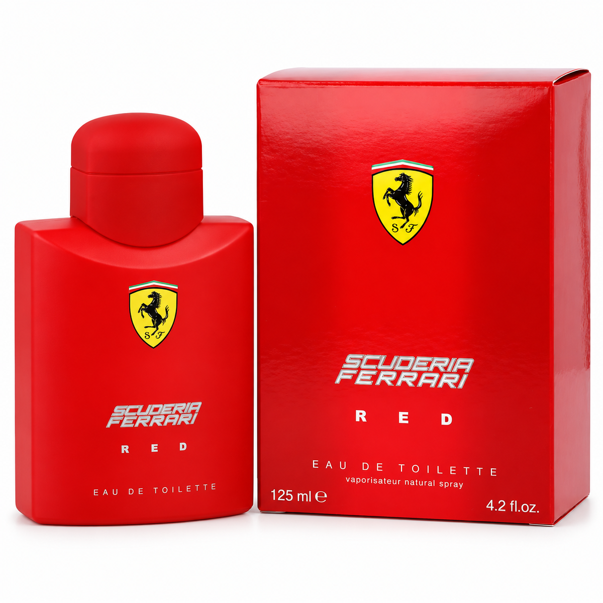 Ferrari Red Eau de Toilette para hombre 125 ml, frasco y caja rojos sobre fondo blanco