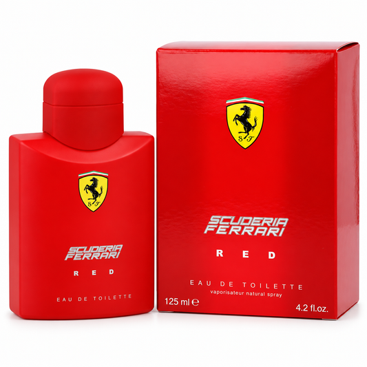 Ferrari Red Eau de Toilette para hombre 125 ml, frasco y caja rojos sobre fondo blanco