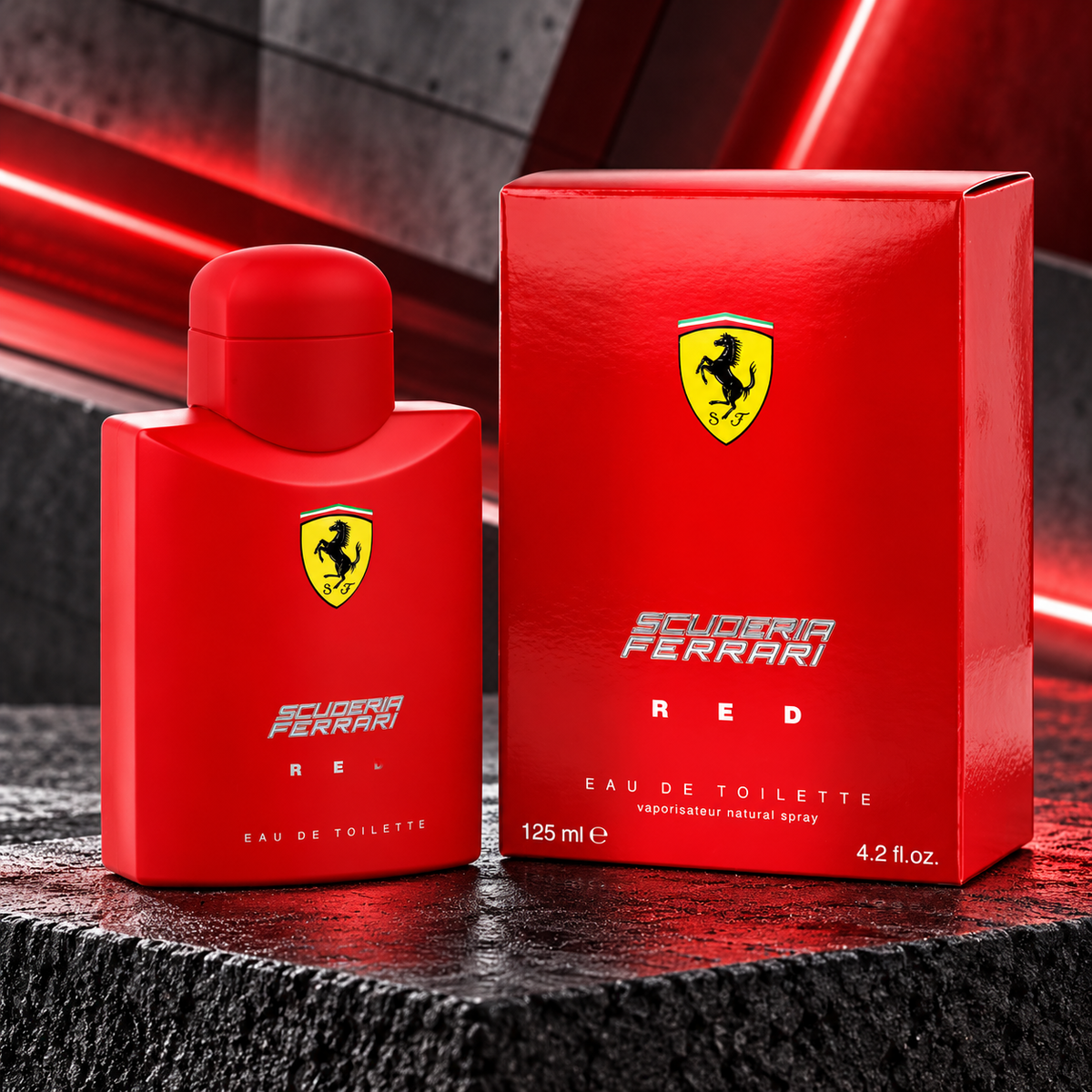 Ferrari Scuderia Red con fondo rojo y negro de inspiración deportiva