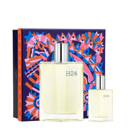 Estuche regalo Hermes H24 Eau de Toilette 100 ml y miniatura 12,5 ml con caja ilustrada sobre fondo blanco