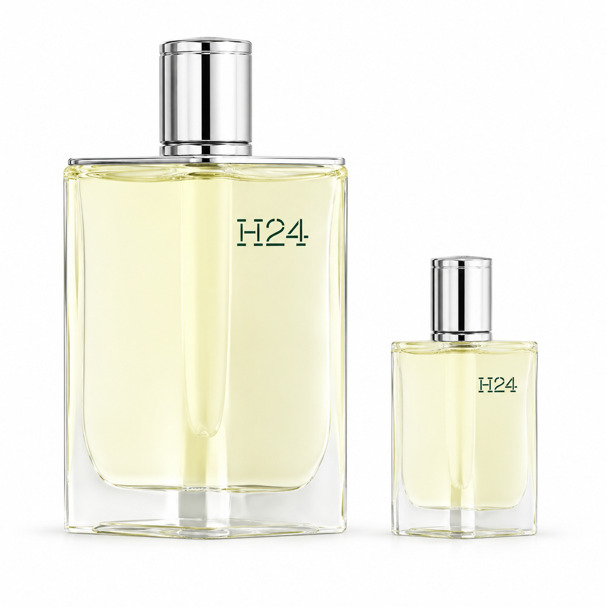 Frascos Hermes H24 Eau de Toilette 100 ml y 12,5 ml sobre fondo blanco