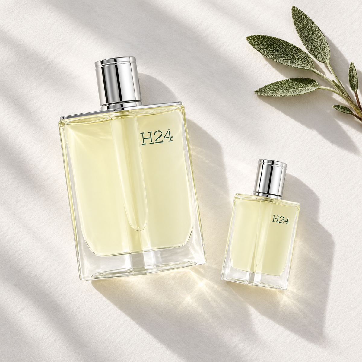 Frascos Hermes H24 Eau de Toilette 100 ml y 12,5 ml en composición con salvia