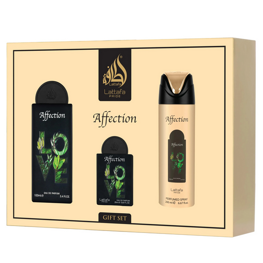 Lattafa Pride Set Affection de tres piezas sobre fondo blanco: EDP 100 ml, EDP 20 ml y spray perfumado 200 ml