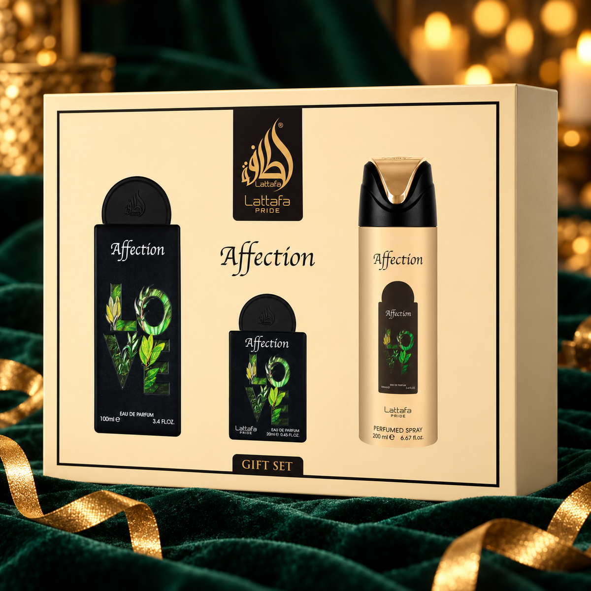 Set de regalo Lattafa Pride Affection sobre terciopelo verde con lazo dorado