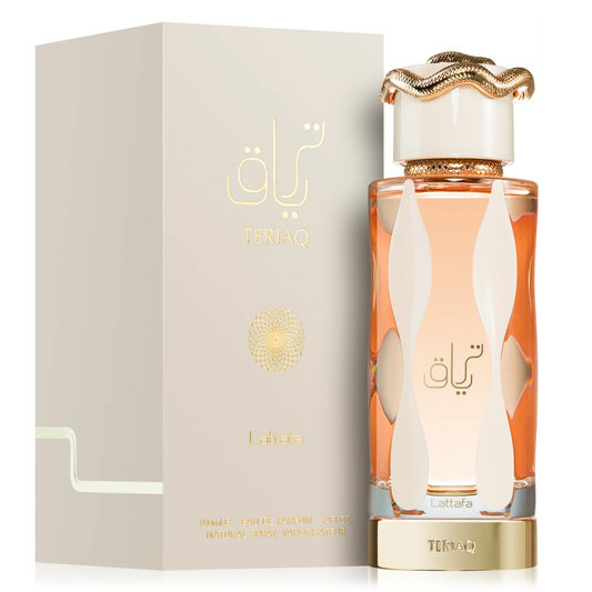 Lattafa Teriaq Eau de Parfum Unisex 100 ml, frasco y caja sobre fondo blanco