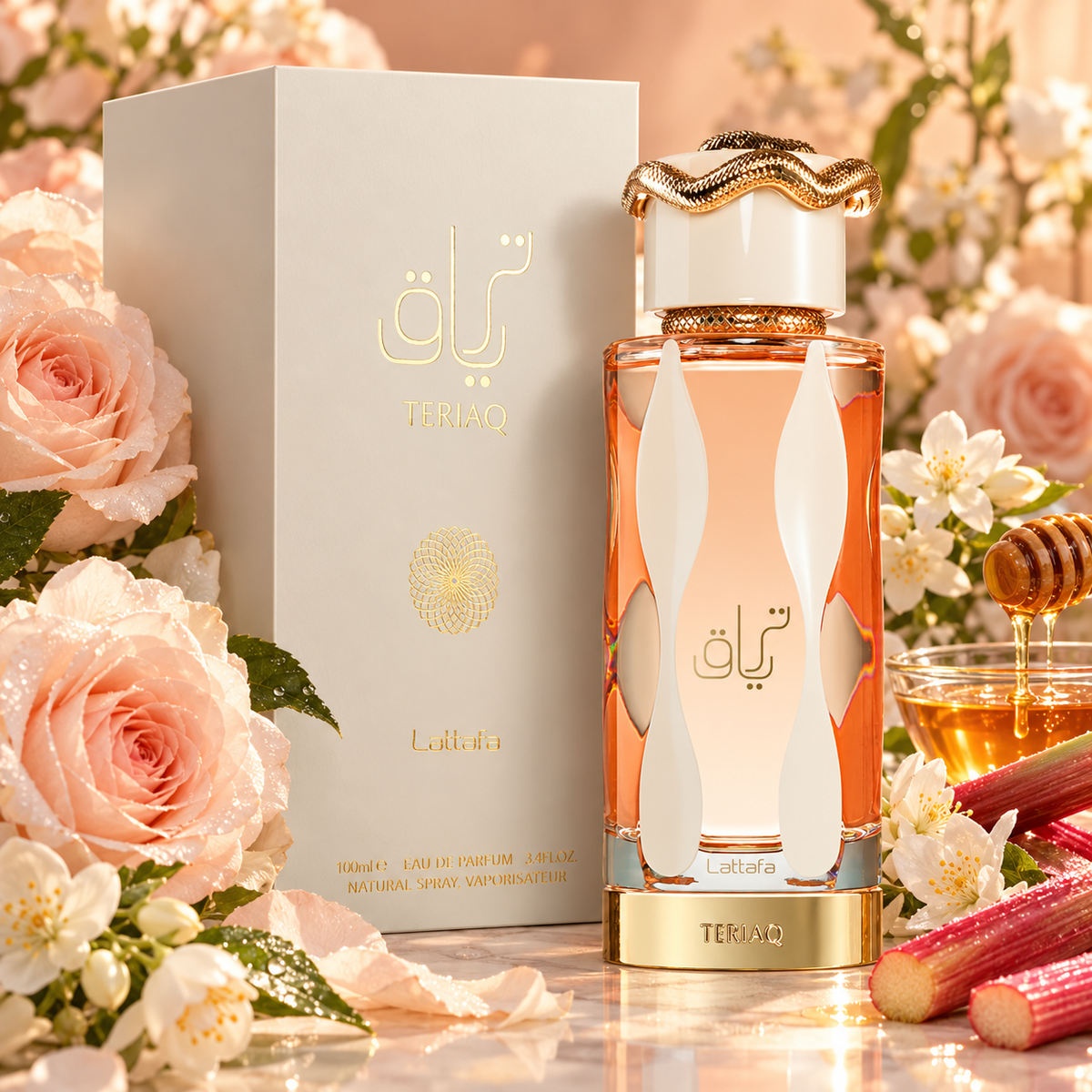 Lattafa Teriaq Eau de Parfum 100 ml entre rosas, flores blancas, miel y ruibarbo