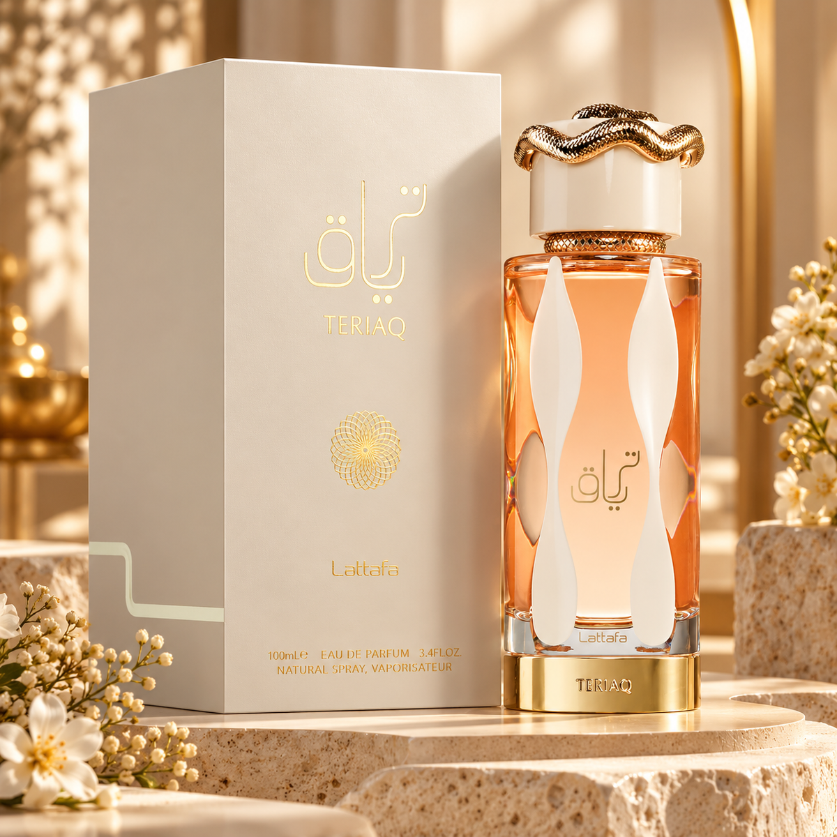 Lattafa Teriaq 100 ml en escena cálida y elegante con reflejos dorados