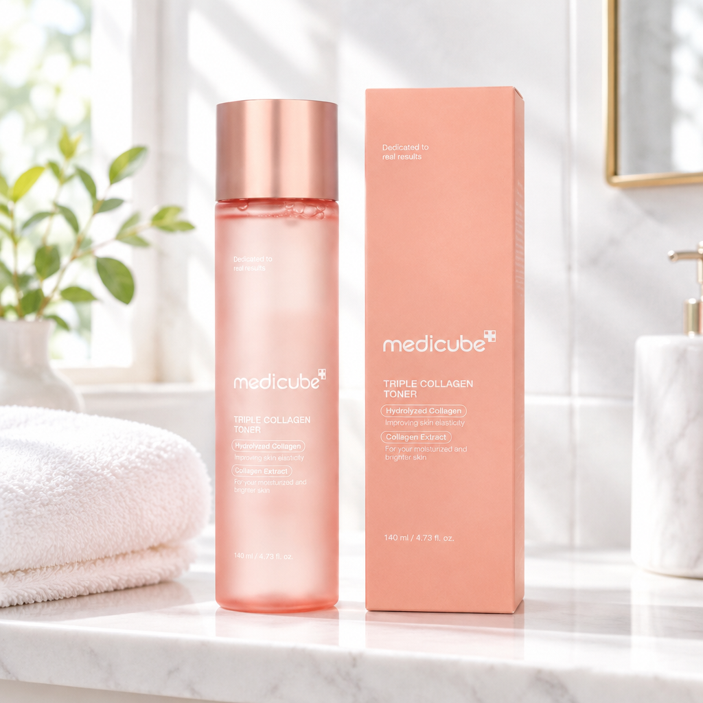 Medicube Collagen Triple Tónico en una repisa de baño luminosa