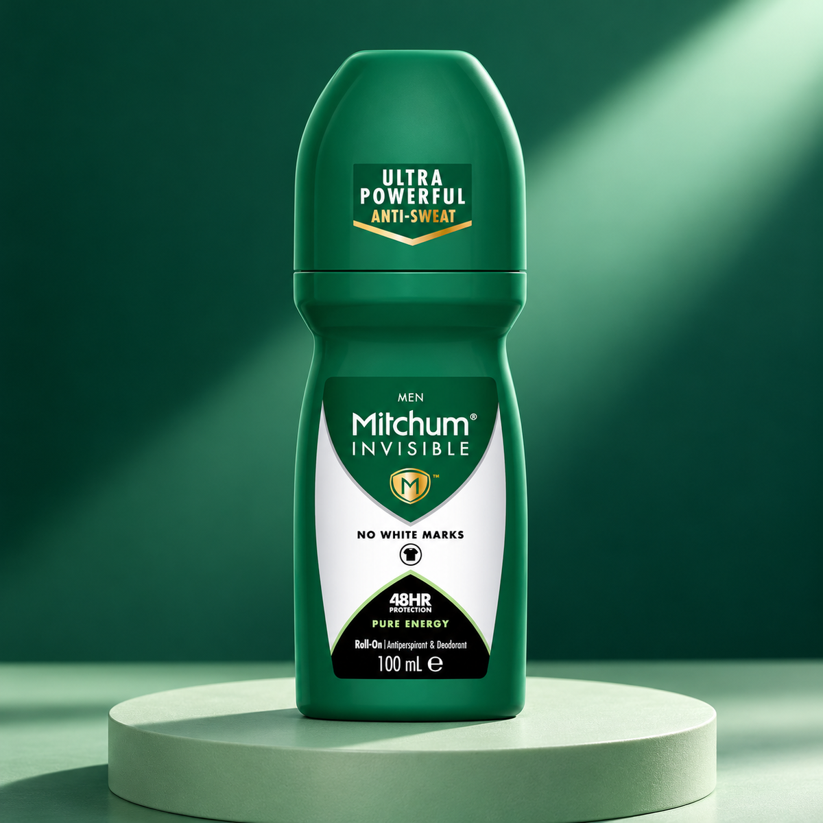 Mitchum Pure Energy roll-on sobre pedestal verde