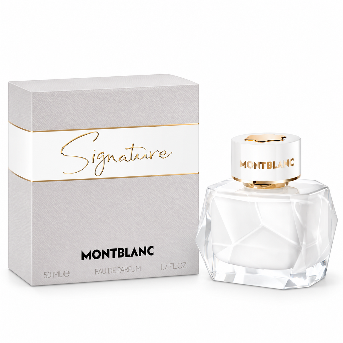 Montblanc Signature Eau de Parfum para mujer 50 ml con frasco y caja sobre fondo blanco