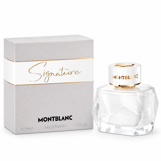 Montblanc Signature Eau de Parfum para mujer 50 ml con frasco y caja sobre fondo blanco