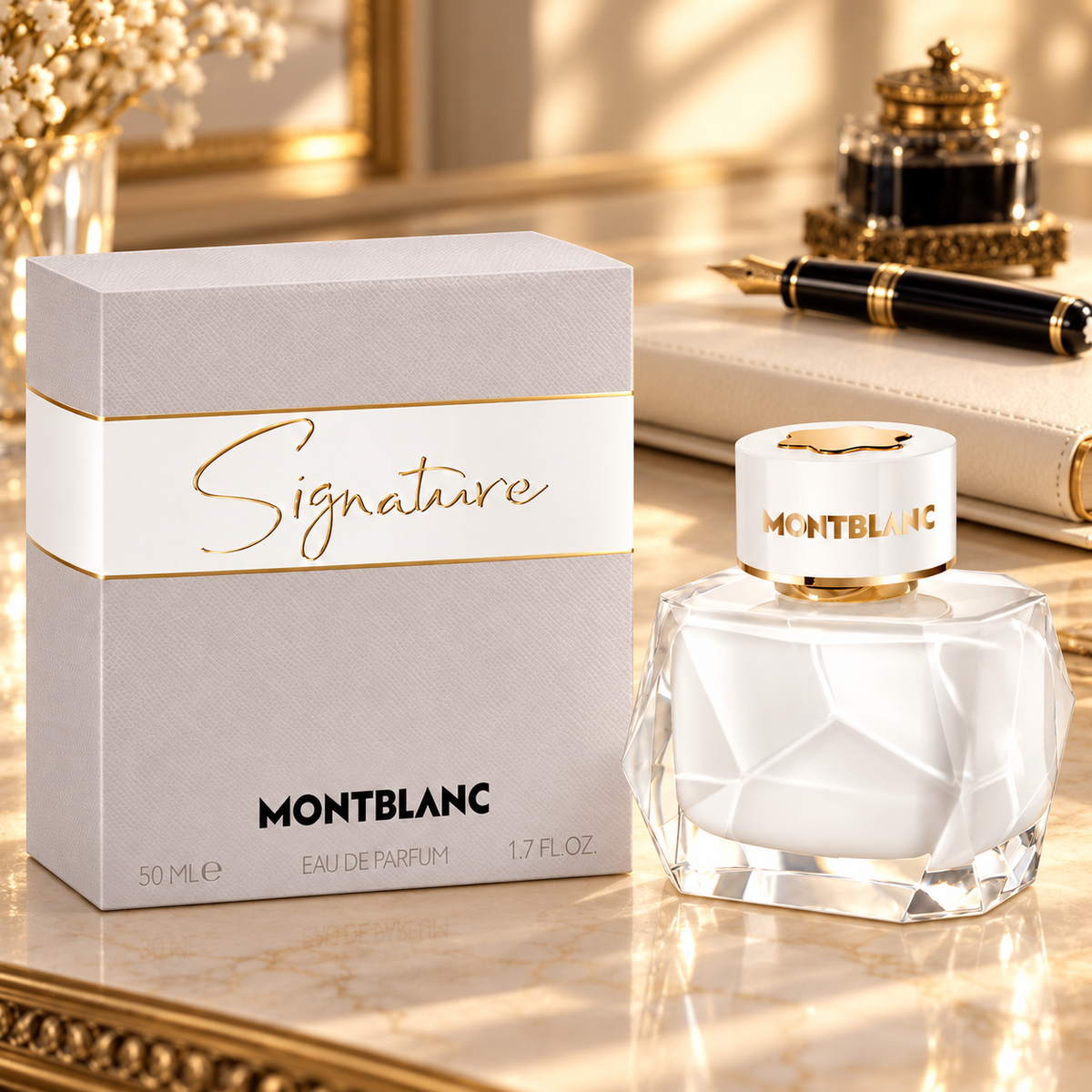 Frasco y estuche Montblanc Signature 50 ml en un escritorio inspirado en la escritura