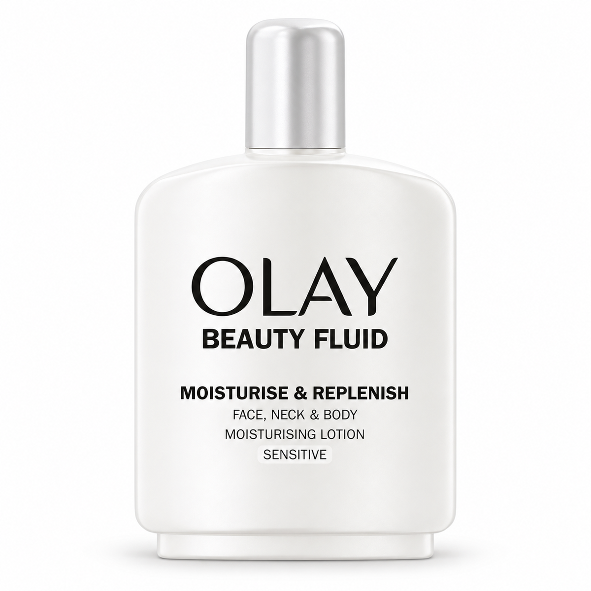 Olay Beauty Fluid Sensitive loción hidratante 200 ml sobre fondo blanco