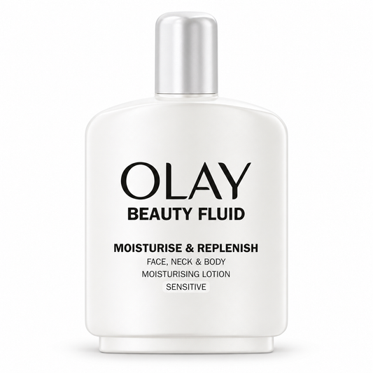 Olay Beauty Fluid Sensitive loción hidratante 200 ml sobre fondo blanco