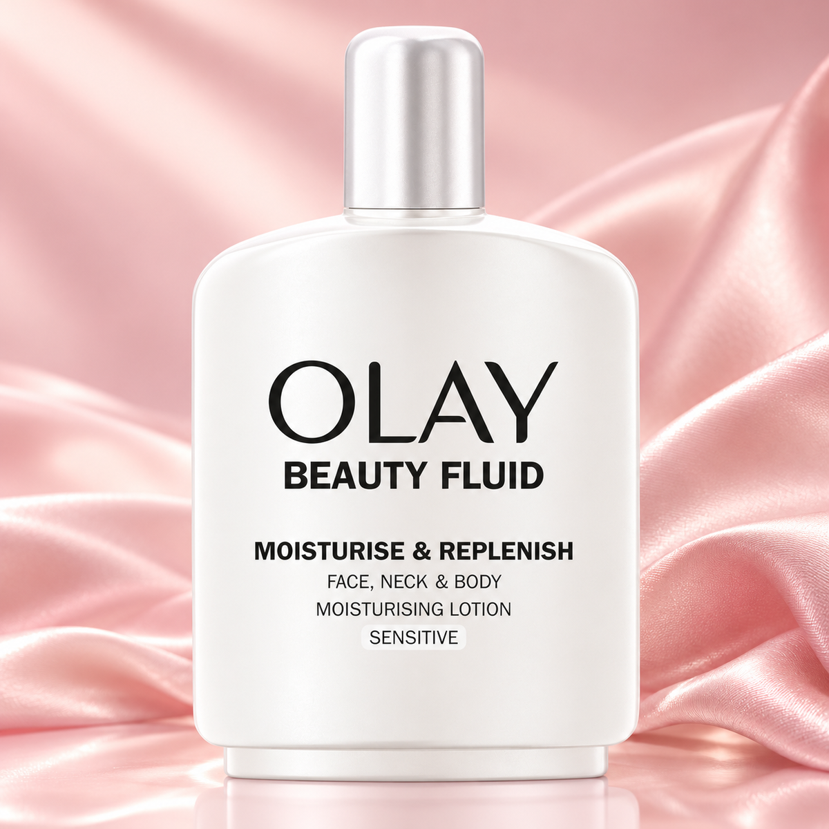 Olay Beauty Fluid Sensitive 200 ml sobre fondo rosa suave