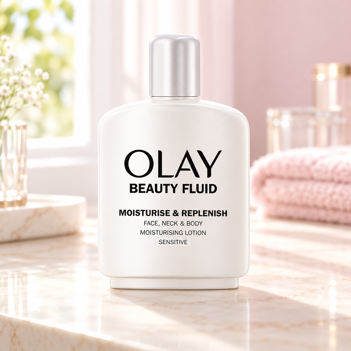 Olay Beauty Fluid Sensitive 200 ml en tocador iluminado