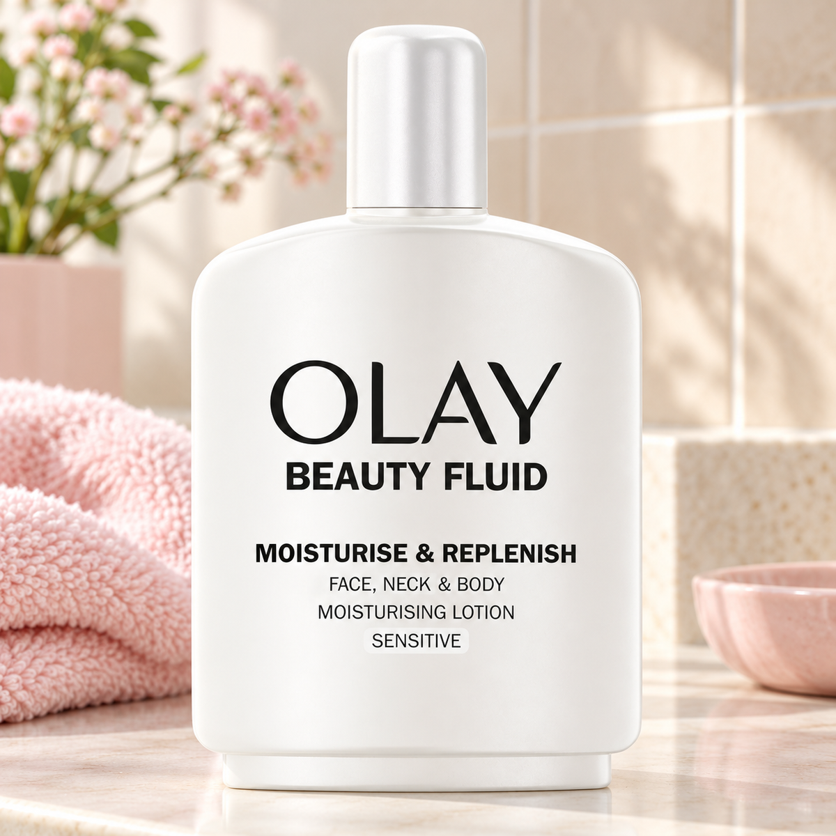Olay Beauty Fluid Sensitive 200 ml en ambiente de cuidado diario