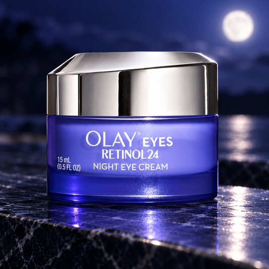 Tarro Olay Retinol 24 contorno de ojos en escena nocturna azul